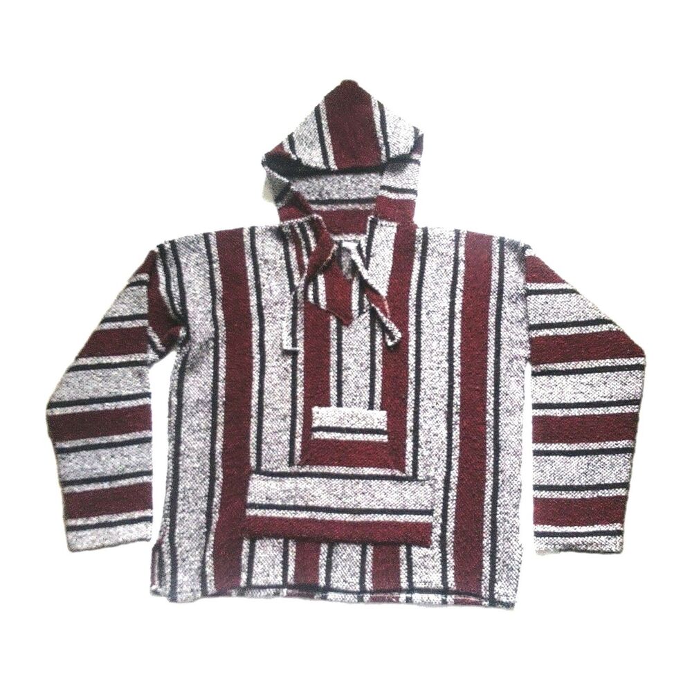 MEXICAN BAJA HOODIE JERGA DRUG RUG PULLOVER STRIPED BURGUNDY Black SZ M/L PONCHO